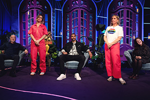 Mel Giedroyc: Unforgivable. Image shows from L to R: Bill Bailey, Lou Sanders, David Haye, Mel Giedroyc, Rosie Jones