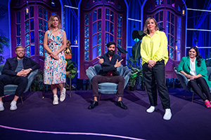 Mel Giedroyc: Unforgivable. Image shows from L to R: Rob Beckett, Lou Sanders, Paul Chowdhry, Mel Giedroyc, Scarlett Moffatt