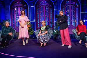 Mel Giedroyc: Unforgivable. Image shows from L to R: Alan Davies, Lou Sanders, Sally Phillips, Mel Giedroyc, Ria Lina