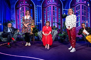 Mel Giedroyc: Unforgivable. Image shows from L to R: Jack Dee, Lou Sanders, Lorraine Kelly, Mel Giedroyc, Munya Chawawa