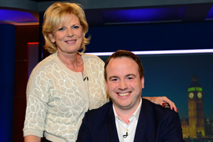 Unspun With Matt Forde. Image shows from L to R: Anna Soubry, Matt Forde. Copyright: Avalon Television