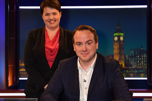 Unspun With Matt Forde. Image shows from L to R: Ruth Davidson, Matt Forde. Copyright: Avalon Television