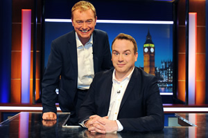 Unspun With Matt Forde. Image shows from L to R: Tim Farron, Matt Forde. Copyright: Avalon Television