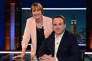 Unspun With Matt Forde. Image shows from L to R: Harriet Harman, Matt Forde. Copyright: Avalon Television