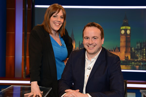 Unspun With Matt Forde. Image shows from L to R: Jess Phillips, Matt Forde. Copyright: Avalon Television