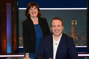 Unspun With Matt Forde. Image shows from L to R: Nicky Morgan, Matt Forde. Copyright: Avalon Television