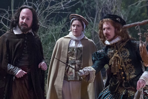 Upstart Crow. Image shows from L to R: Will Shakespeare (David Mitchell), Kate (Gemma Whelan), Marlowe (Tim Downie)