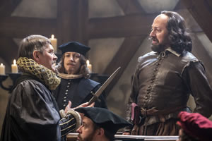 Upstart Crow. Image shows from L to R: Sir Robert Greene (Mark Heap), Kate (Gemma Whelan), Will Shakespeare (David Mitchell)