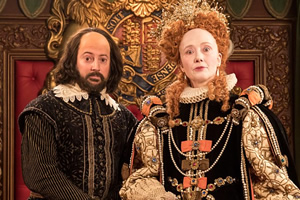 Upstart Crow. Image shows from L to R: Will Shakespeare (David Mitchell), Queen Elizabeth (Emma Thompson). Copyright: BBC