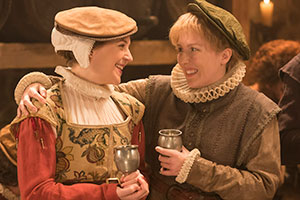 Upstart Crow. Image shows from L to R: Kate (Gemma Whelan), Toby (Beattie Edmondson). Copyright: BBC