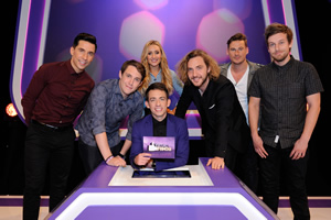 Virtually Famous. Image shows from L to R: Russell Kane, Chris Stark, Catherine Tyldesley, Kevin McHale, Seann Walsh, Lee Ryan, Chris Ramsey. Copyright: Talkback / Hungry Bear Media