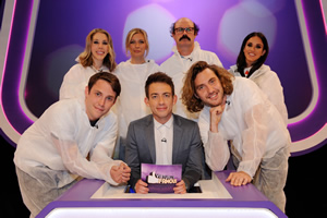 Virtually Famous. Image shows from L to R: Katherine Ryan, Chris Stark, Rachel Riley, Kevin McHale, Sam Simmons, Seann Walsh, Vicky Pattison. Copyright: Talkback / Hungry Bear Media