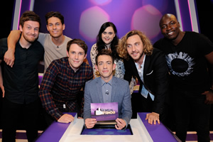 Virtually Famous. Image shows from L to R: Chris Ramsey, Joey Essex, Chris Stark, Kevin McHale, Sharon Rooney, Seann Walsh, Eddie Kadi. Copyright: Talkback / Hungry Bear Media