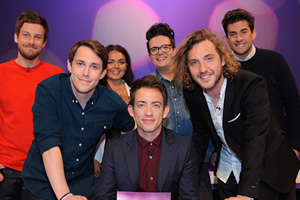 Virtually Famous. Image shows from L to R: Chris Ramsey, Chris Stark, Scarlett Moffatt, Kevin McHale, David Morgan, Seann Walsh, James Argent. Copyright: Talkback / Hungry Bear Media