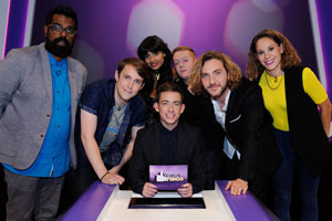 Virtually Famous. Image shows from L to R: Romesh Ranganathan, Chris Stark, Jameela Jamil, Kevin McHale, Thomas Turgoose, Seann Walsh, Suzi Ruffell. Copyright: Talkback / Hungry Bear Media