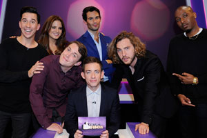 Virtually Famous. Image shows from L to R: Russell Kane, Alexandra Felstead, Chris Stark, Mark-Francis Vandelli, Kevin McHale, Seann Walsh, Dane Baptiste. Copyright: Talkback / Hungry Bear Media