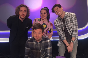 Virtually Famous. Image shows from L to R: Seann Walsh, Chris Ramsey, Scarlett Moffatt, Joey Essex