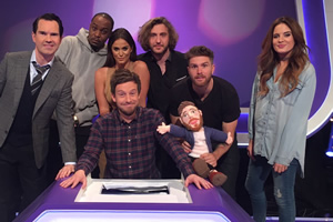 Virtually Famous. Image shows from L to R: Jimmy Carr, Dane Baptiste, Vicky Pattison, Chris Ramsey, Seann Walsh, Joel Dommett, Alexandra Felstead