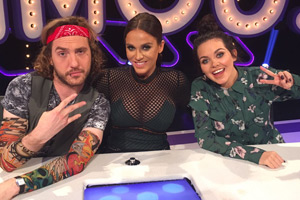 Virtually Famous. Image shows from L to R: Seann Walsh, Vicky Pattison, Scarlett Moffatt. Copyright: Talkback