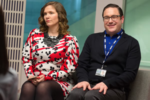 W1A. Image shows from L to R: Siobhan Sharpe (Jessica Hynes), David Wilkes (Rufus Jones). Copyright: BBC
