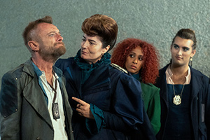 The Watch. Image shows from L to R: Sam Vimes (Richard Dormer), Lord Vetinari (Anna Chancellor), Lady Sybil Ramkin (Lara Rossi), Constable Cheery (Jo Eaton-Kent)