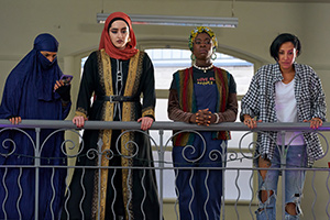 We Are Lady Parts. Image shows from L to R: Momtaz (Lucie Shorthouse), Ayesha (Juliette Motamed), Bisma (Faith Omole), Saira (Sarah Kameela Impey). Copyright: Working Title Films