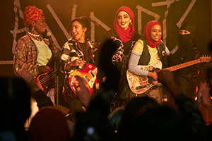 We Are Lady Parts. Image shows from L to R: Bisma (Faith Omole), Saira (Sarah Kameela Impey), Ayesha (Juliette Motamed), Amina (Anjana Vasan), Momtaz (Lucie Shorthouse). Copyright: Working Title Films