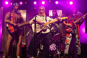 We Are Lady Parts. Image shows left to right: Bisma (Faith Omole), Amina (Anjana Vasan), Ayesha (Juliette Motamed), Saira (Sarah Kameela Impey)