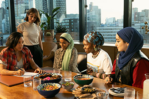 We Are Lady Parts. Image shows left to right: Saira (Sarah Kameela Impey), Clarice (Lydia Leonard), Amina (Anjana Vasan), Bisma (Faith Omole), Ayesha (Juliette Motamed)