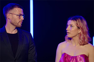 What's Happening?. Image shows left to right: Presenter (Rick Edwards), Mara (Olga Koch)