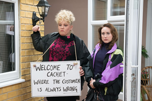 White Gold. Image shows from L to R: Maureen (Harriet Webb), Stacey (Leah Brotherhead). Copyright: Fudge Park