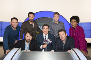 Would I Lie To You?. Image shows from L to R: Jon Richardson, David Mitchell, Danny Dyer, Rob Brydon, Joe Lycett, Lee Mack, Moira Stuart. Copyright: Zeppotron