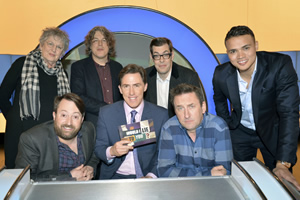 Would I Lie To You?. Image shows from L to R: Germaine Greer, David Mitchell, Alan Davies, Rob Brydon, Richard Osman, Lee Mack, Jermaine Jenas. Copyright: Zeppotron