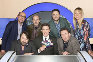 Would I Lie To You?. Image shows from L to R: Nick Robinson, David Mitchell, Harry Shearer, Rob Brydon, Jason Manford, Lee Mack, Sara Cox. Copyright: Zeppotron