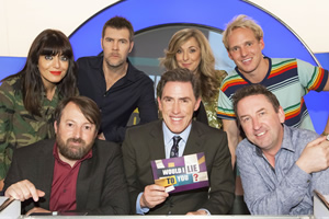 Would I Lie To You?. Image shows from L to R: Claudia Winkleman, David Mitchell, Rhod Gilbert, Rob Brydon, Tracy-Ann Oberman, Jamie Laing, Lee Mack. Copyright: Zeppotron