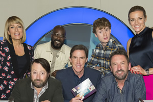 Would I Lie To You?. Image shows from L to R: Fay Ripley, David Mitchell, Melvin Odoom, Rob Brydon, James Acaster, Lee Mack, Gabby Logan. Copyright: Zeppotron