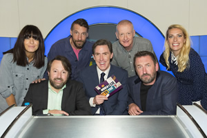 Would I Lie To You?. Image shows from L to R: Claudia Winkleman, David Mitchell, Craig Parkinson, Rob Brydon, Steve Davis, Lee Mack, Sara Pascoe. Copyright: Zeppotron