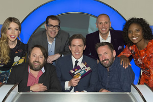 Would I Lie To You?. Image shows from L to R: Katherine Ryan, David Mitchell, Richard Osman, Rob Brydon, Lee Mack, Robert Rinder, Denise Lewis. Copyright: Zeppotron