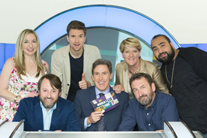 Would I Lie To You?. Image shows from L to R: Victoria Coren Mitchell, David Mitchell, Greg James, Rob Brydon, Clare Balding, Lee Mack, Asim Chaudhry. Copyright: Zeppotron