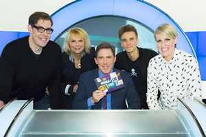 Would I Lie To You?. Image shows from L to R: Richard Osman, Jennifer Saunders, Rob Brydon, Joe Sugg, Steph McGovern. Copyright: Zeppotron