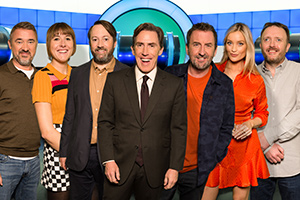 Would I Lie To You?. Image shows from L to R: Stephen Hendry, Maisie Adam, David Mitchell, Rob Brydon, Lee Mack, Laura Whitmore, Chris McCausland. Copyright: Zeppotron