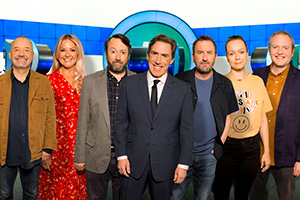 Would I Lie To You?. Image shows from L to R: Bob Mortimer, Sarah Hadland, David Mitchell, Rob Brydon, Lee Mack, Samantha Morton, Miles Jupp. Copyright: Zeppotron