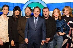 Would I Lie To You?. Image shows from L to R: Ed Gamble, Claudia Winkleman, David Mitchell, Rob Brydon, Lee Mack, Sara Barron, Kate Bottley. Copyright: Zeppotron