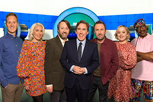 Would I Lie To You?. Image shows from L to R: Dan Walker, Sara Pascoe, David Mitchell, Rob Brydon, Lee Mack, Nicola Coughlan, Derrick Evans. Copyright: Zeppotron