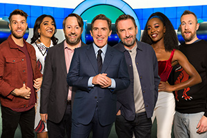 Would I Lie To You?. Image shows from L to R: Joel Dommett, Sindhu Vee, David Mitchell, Rob Brydon, Lee Mack, AJ Odudu, Alex Horne. Copyright: Zeppotron