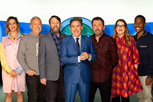 Would I Lie To You?. Image shows from L to R: Lou Sanders, Gyles Brandreth, David Mitchell, Rob Brydon, Lee Mack, Sarah Millican, Yung Filly