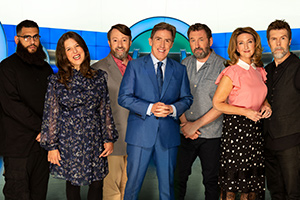 Would I Lie To You?. Image shows from L to R: Jamali Maddix, Rosie Jones, David Mitchell, Rob Brydon, Lee Mack, Victoria Derbyshire, Rhod Gilbert