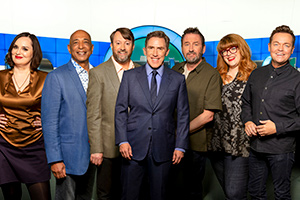 Would I Lie To You?. Image shows from L to R: Deborah Frances-White, Raj Bisram, David Mitchell, Rob Brydon, Lee Mack, Jenny Ryan, Stephen Mulhern