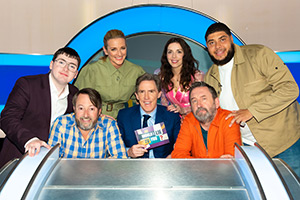 Would I Lie To You?. Image shows left to right: Jack Carroll, David Mitchell, Gabby Logan, Rob Brydon, Bridget Christie, Lee Mack, Big Zuu