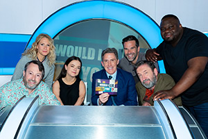 Would I Lie To You?. Image shows left to right: David Mitchell, Lucy Beaumont, Francesca Mills, Rob Brydon, Gethin Jones, Lee Mack, Nabil Abdulrashid